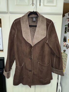 Brown Faux Fur Lined Coat with Contrast Collar and Faux suede